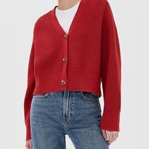Reformation Jessa Cotton V Neck Button Knit Cardigan Sweater Red Sundried Tomato